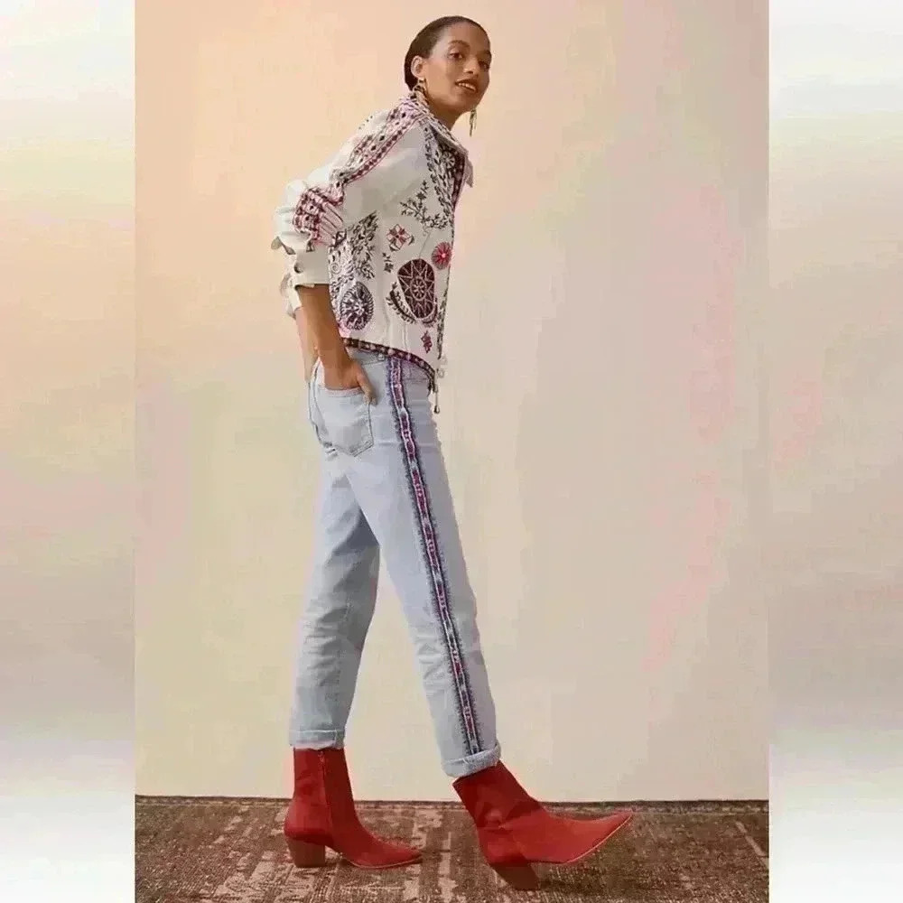 Anthropologie Pilcro TheVintage Straight Arrow Ribbon Fringe Accent Jeans - Picture 9 of 12